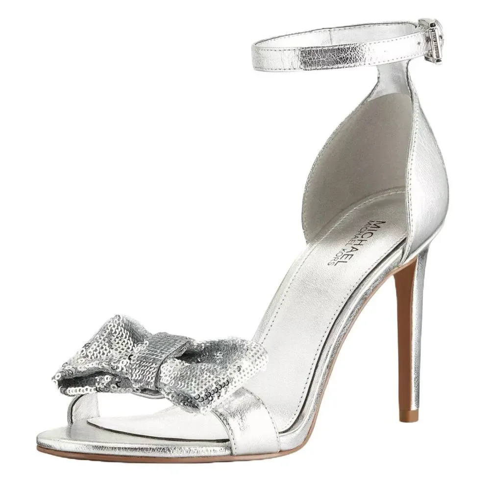 Michael Kors Paris Leather Stiletto‎ Heels Womens 7 Silver Metallic Bow Designer